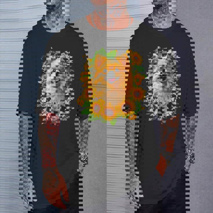 面白いtシャツ ポメラニアン ひまわり わんこ メンズ 犬好き グッズ かわいい おもしろ 面白い 服 ネタ 長袖tシャツ Tシャツ 彼への贈り物