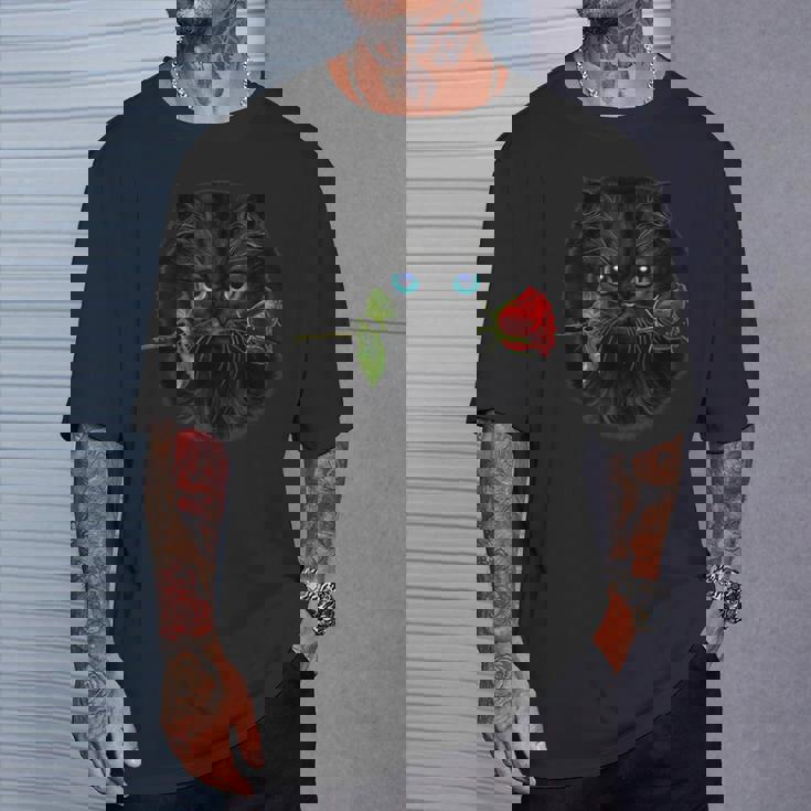 黒ペルシャ猫 ねこ 薔薇 バラ バレンタイン Tシャツ 彼への贈り物