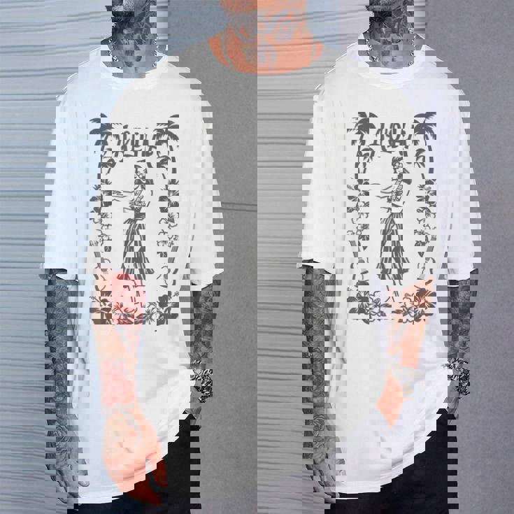 Aloha ハワイ ダンサー ヤシの木 ハイビスカス ウクレレ ルアウ ラインアート Tシャツ 彼への贈り物