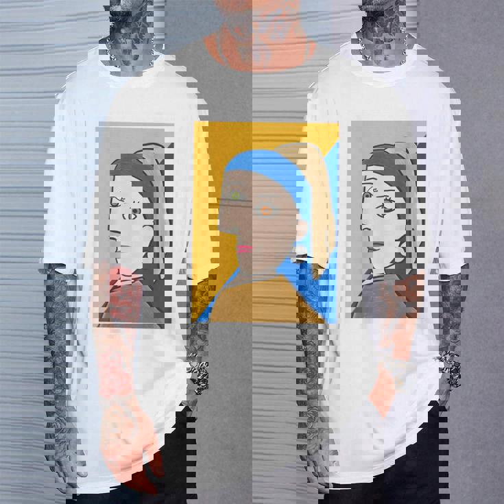 《バックプリント・背中側》【ピカソ風】真珠の耳飾りの少女／フェルメール（パロディ）【世界の名画】面白い Tシャツ 彼への贈り物