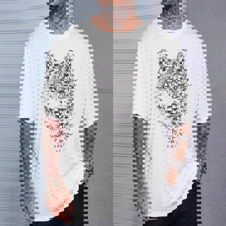 ウルフ フローラル ヴィンテージ 花 オオカミの顔 オオカミの恋人 Tシャツ 彼への贈り物