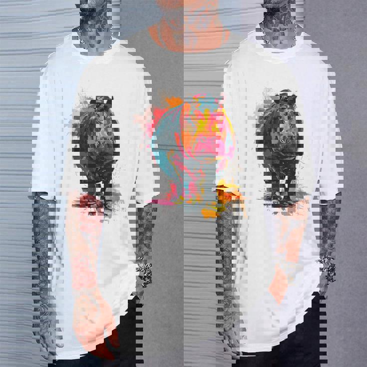 カバ 動物 カラフル グラフィック 抽象 アート 絵画 カバ Tシャツ 彼への贈り物