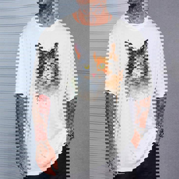 クールな水彩 三毛猫顔 三毛猫 お母さん 猫 お父さん Tシャツ 彼への贈り物