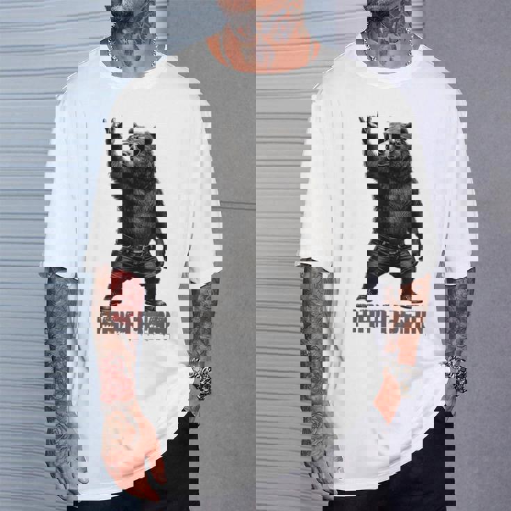 パパベア グリズリーベア ロックジェスチャー クールなパパ グリズリーベア Tシャツ 彼への贈り物