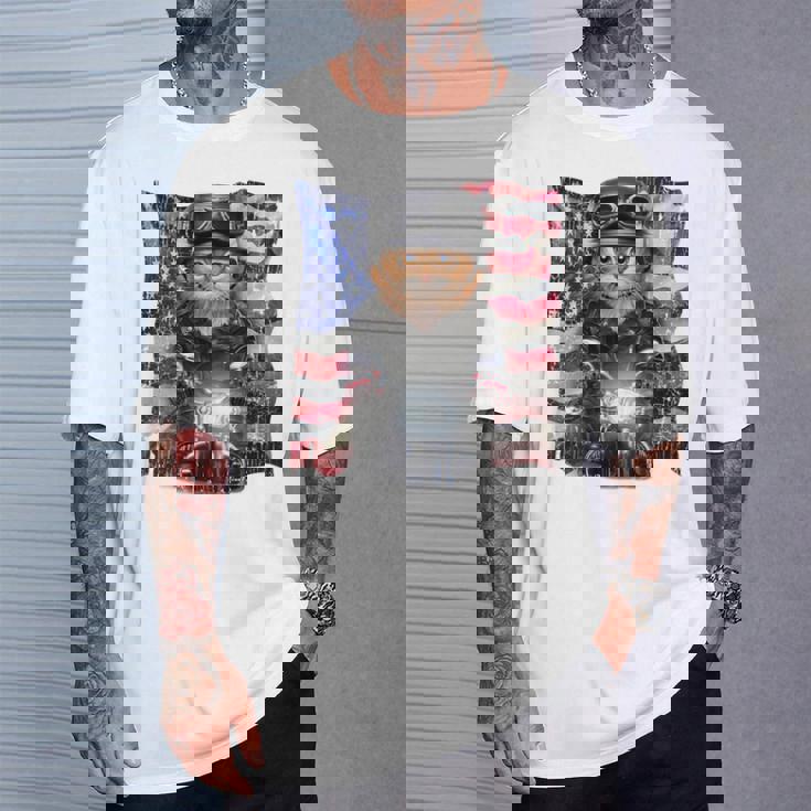 三毛猫 オレンジ猫 ねこ バイク 星条旗 アメリカ Tシャツ 彼への贈り物