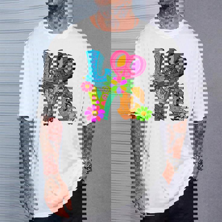 明るくカラフルな愛と平和 ピースサイン フラワートップ Tシャツ 彼への贈り物