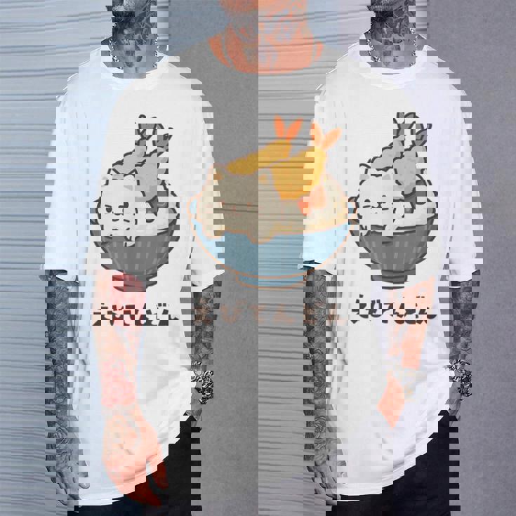 海老天丼 天丼 えび ご飯 ねこ 白猫 天丼好き 猫好き おもしろ かわいい猫 イラスト 猫キャラ 癒し 系 Tシャツ 彼への贈り物