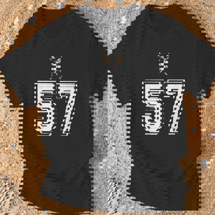 57 番 野球スタイル ヴィンテージホワイト Tシャツ 高齢者への贈り物