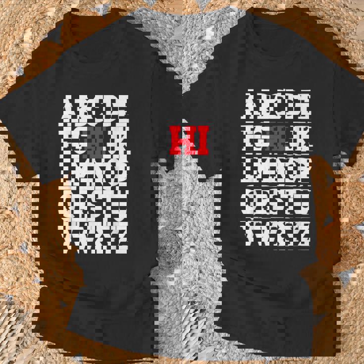 Abcのhiおかしいこんにちはアルファベット学生教師グリーティング Tシャツ 高齢者への贈り物