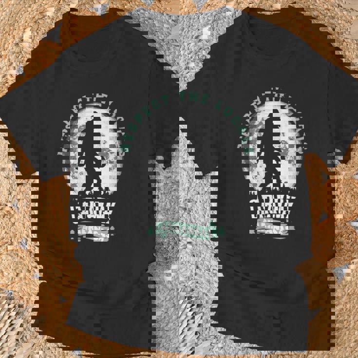 Caraway Arkansas Respect The Locals Bigfoot Sasquatch Moon T-Shirt Gifts for Old Men
