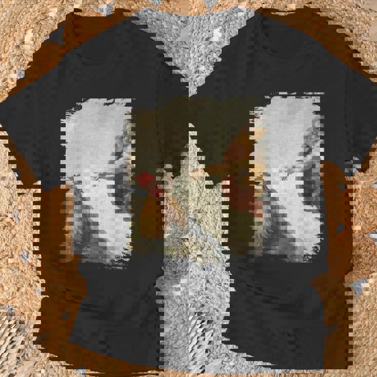 Creation Of Chicken Adam クラシック ミケランジェロ ニワトリ ファニー Tシャツ 高齢者への贈り物