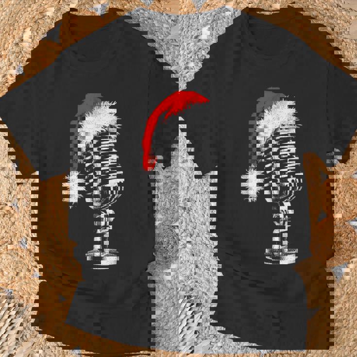 Gorro De Papá Noel Con Micrófono -Intage Karaoke Navidad Amante Camiseta unisex Regalos para ancianos