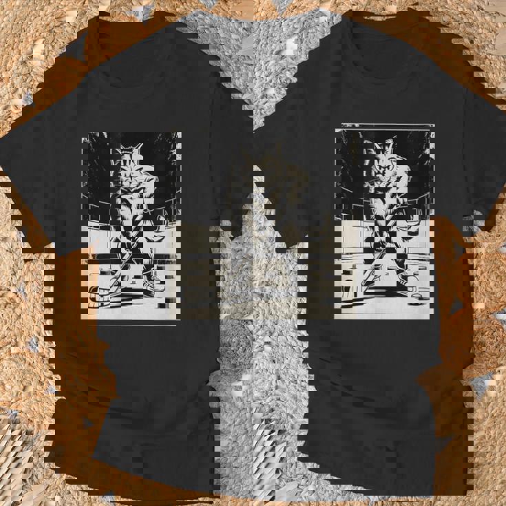 Retro Cat Playing Ice Hockey Stick Skating Sports T-Shirt Gifts for Old Men