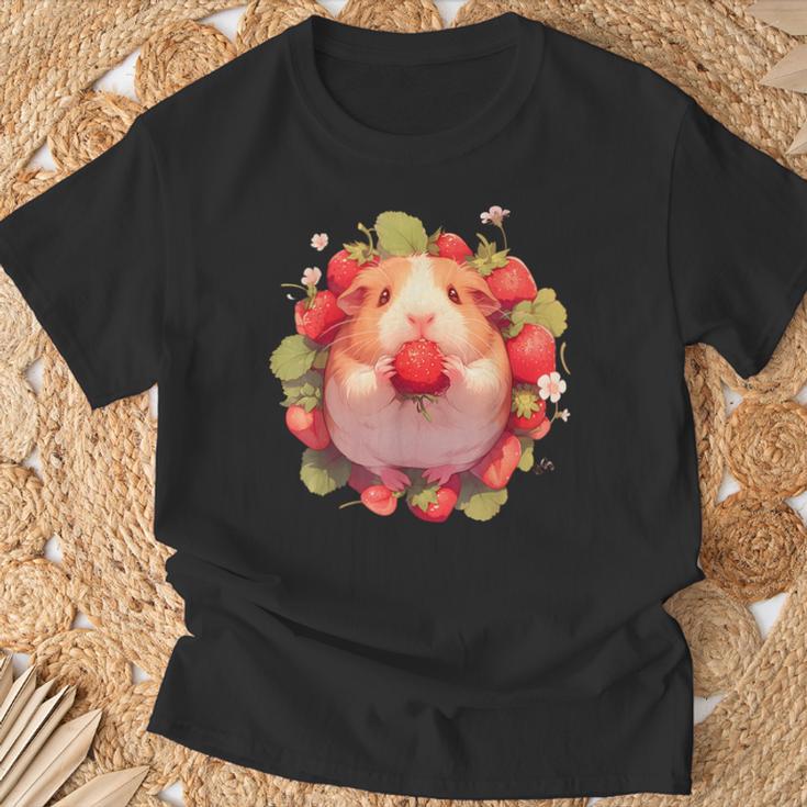 いちご モルモット 水彩 花柄 かわいい モルモット Tシャツ 高齢者への贈り物