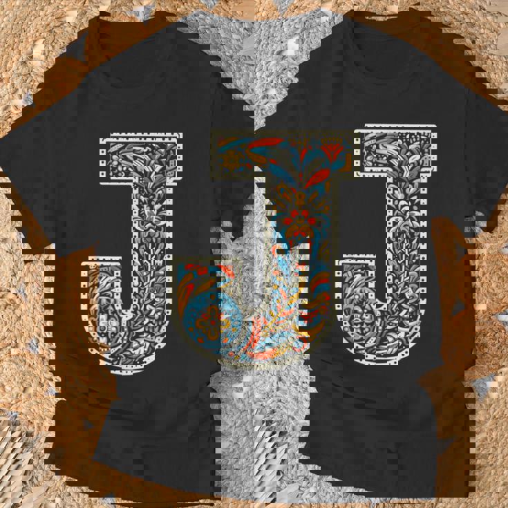 イニシャル 名前 文字 J アルファベット 民芸風 Tシャツ 高齢者への贈り物