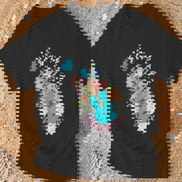 ウクレレギフト 70年代の花のウクレレ奏者 Tシャツ 高齢者への贈り物