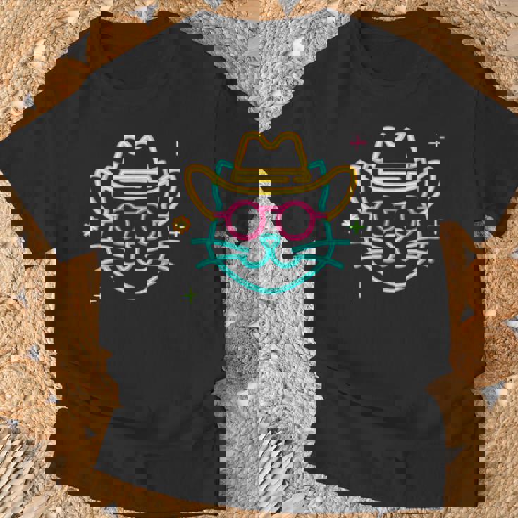 カウボーイ 猫 顔 ラウンド サングラス ウェスタン グラフィック ピンク アニマル Tシャツ 高齢者への贈り物