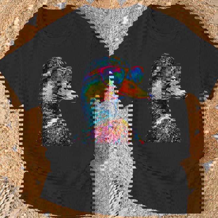 カラフルな虹色のアヒル マガモ ドレイク 小さなアヒル Tシャツ 高齢者への贈り物