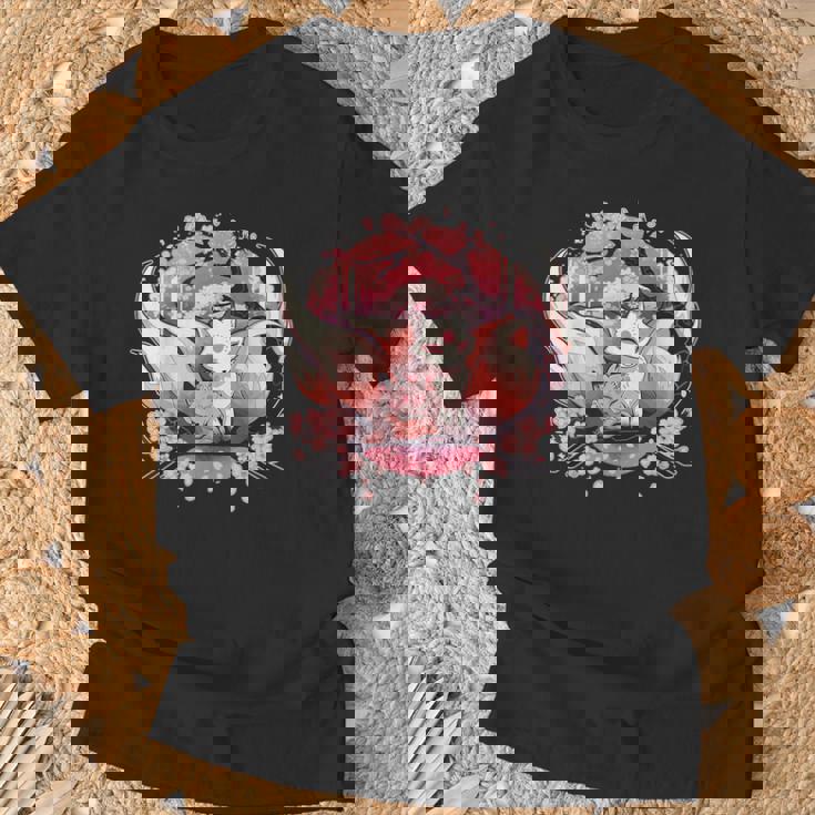 キツネ キツネ 九尾キツネ 桜花 Tシャツ 高齢者への贈り物