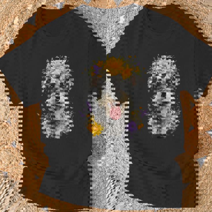 シュナウザー ママ 犬好き 母の日 レトロ 花 Tシャツ 高齢者への贈り物