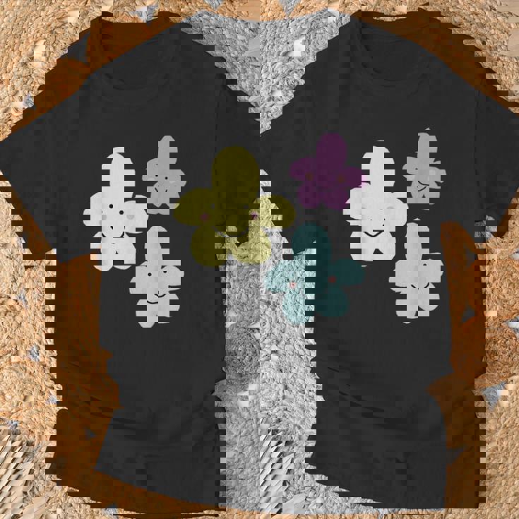 スマイリングフラワー イエロー ブルー パープル 楽しい春 Tシャツ 高齢者への贈り物