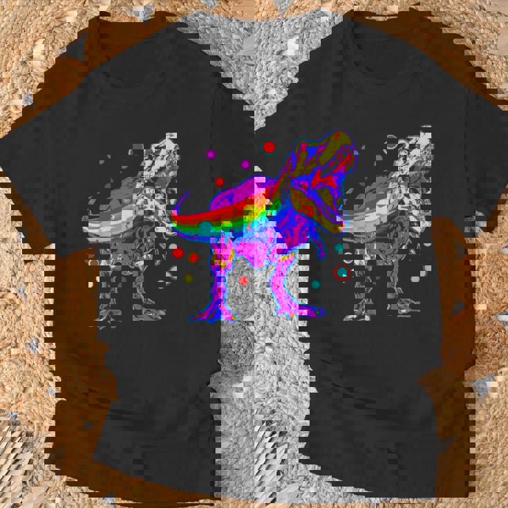 ティラノサウルス レックス 虹色 恐竜 恋人 デザイン Tシャツ 高齢者への贈り物