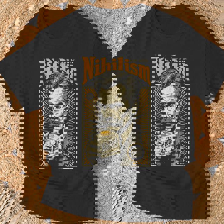ニヒリズム 男性用 面白い ニーチェ哲学 ビンテージ広告 Tシャツ 高齢者への贈り物