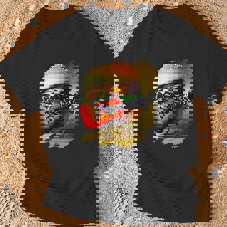 ハンバーガー 演奏 ギター ギタリスト ファニー ファーストフード ハンバーガー Tシャツ 高齢者への贈り物