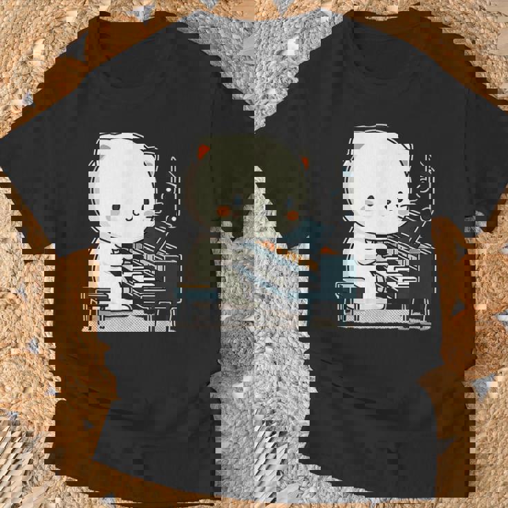 ピアノを弾くかわいい猫 ヴィンテージ かわいい猫 アート 日本アニメ Tシャツ 高齢者への贈り物