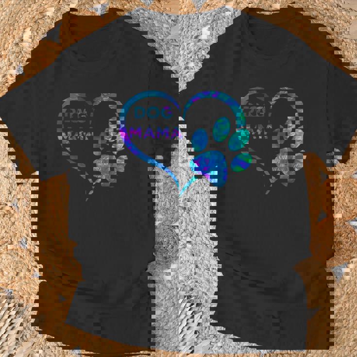 ブルーティールパープル ドッグママと足跡プリント ハート 犬 ママ Tシャツ 高齢者への贈り物