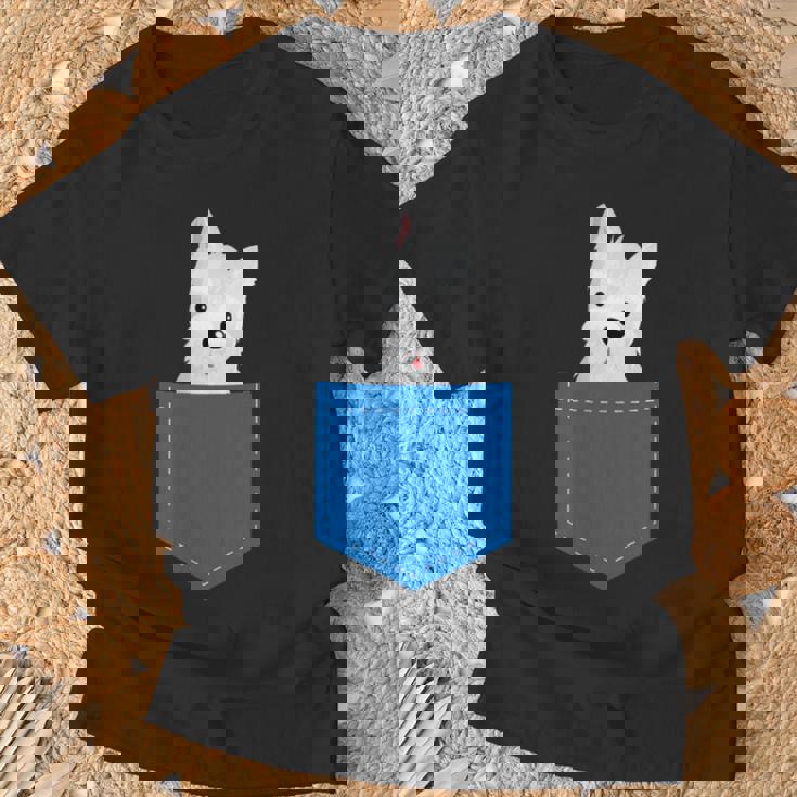 ポケットに犬のウェスティ犬テリアフロントポケット胸 Tシャツ 高齢者への贈り物