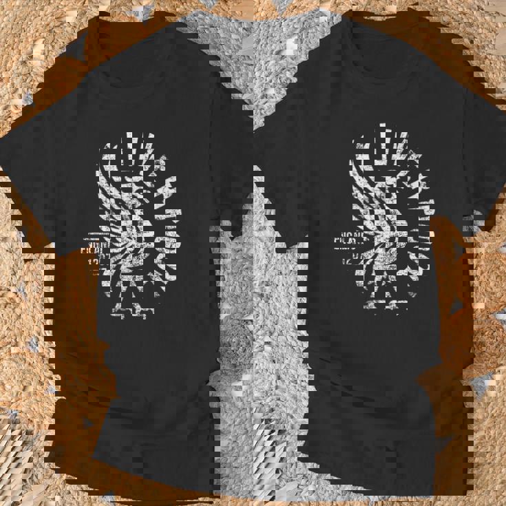 リバプール イングランド Est 1207 ラウンド ホワイト アンティーク調プリント Tシャツ 高齢者への贈り物