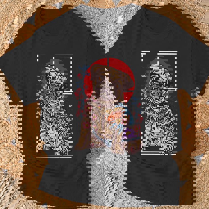 日本のタトゥー パグ 犬 パグ ヤクザの恋人 鯉の魚 長袖tシャツ Tシャツ 高齢者への贈り物