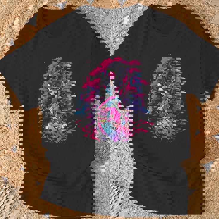 桜と芸者、サイバーパンク・イラストレーション Tシャツ 高齢者への贈り物