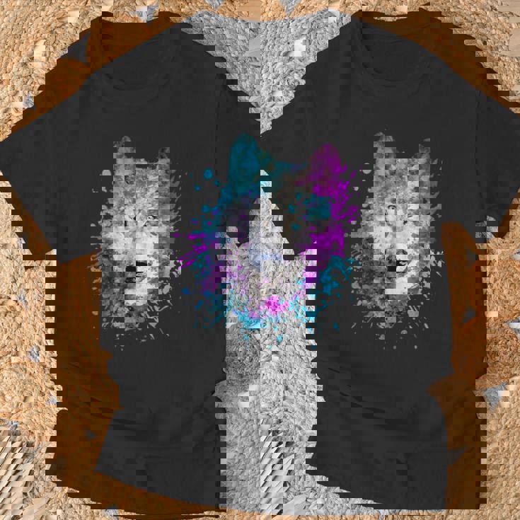 水彩 狼 頭 カラフル オオカミ 贈り物 Tシャツ 高齢者への贈り物