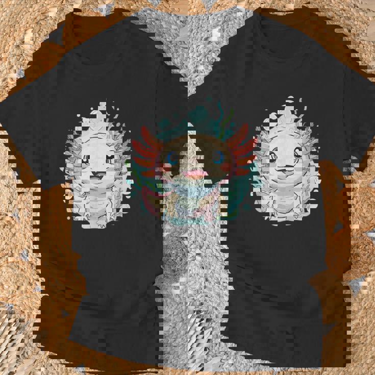 笑顔のaxolotl カワイイかわいい水中漫画 Tシャツ 高齢者への贈り物