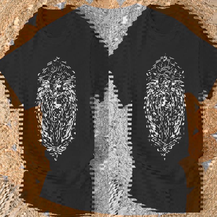 翼と月を持つ天使のシンボル神聖な神秘的な芸術 Tシャツ 高齢者への贈り物