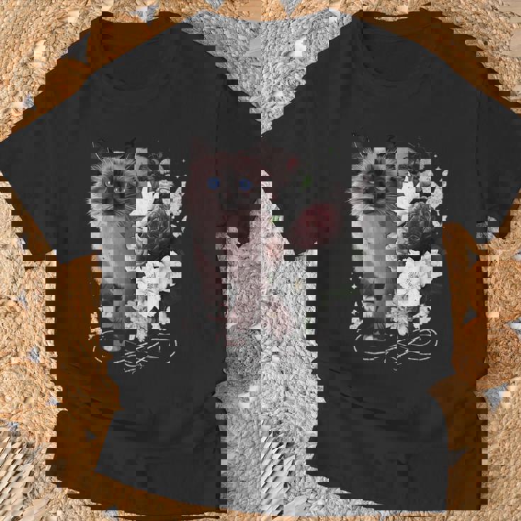 花とシャム猫、ヴィンテージ感、花柄シャム猫 Tシャツ 高齢者への贈り物