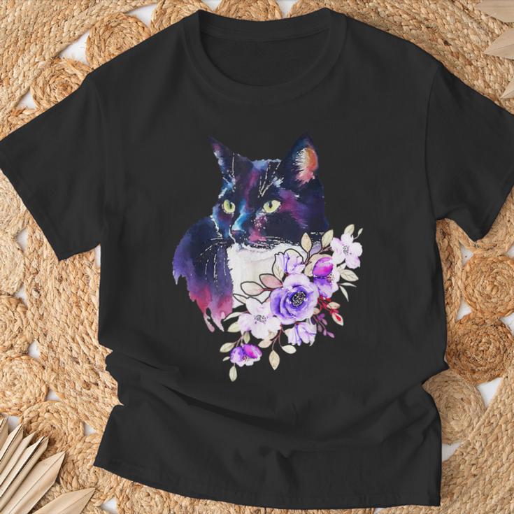 花と猫、水彩画のような表情 Tシャツ 高齢者への贈り物