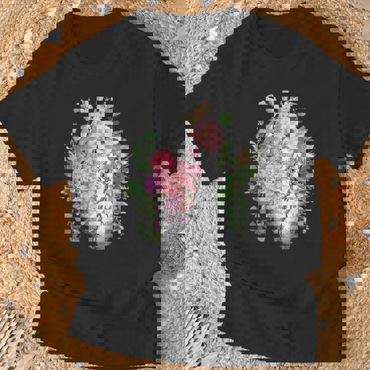 花の解剖学 人間の心とバラ、ボタニカルハート Tシャツ 高齢者への贈り物