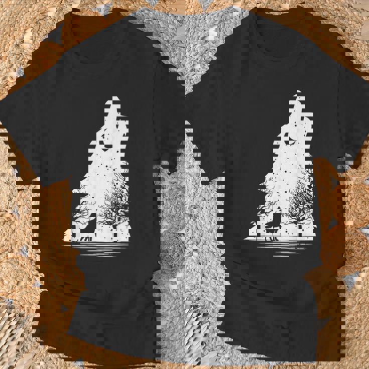 遠吠えするオオカミ 星空 オオカミモチーフ 男女兼用 Tシャツ 高齢者への贈り物