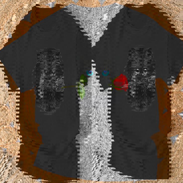 黒ペルシャ猫 ねこ 薔薇 バラ バレンタイン Tシャツ 高齢者への贈り物
