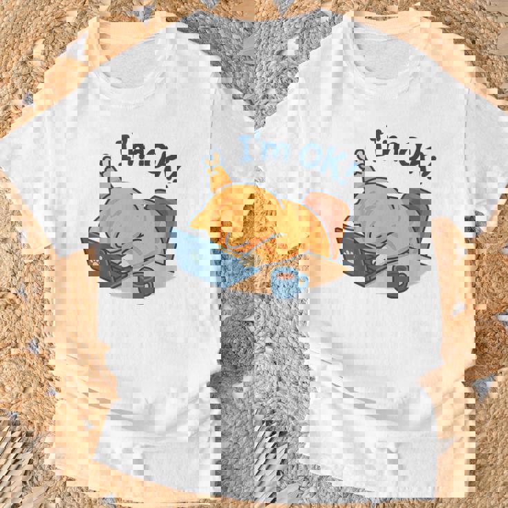 I'm Ok おかしな猫 在宅勤務 コーヒーミーム Tシャツ 高齢者への贈り物