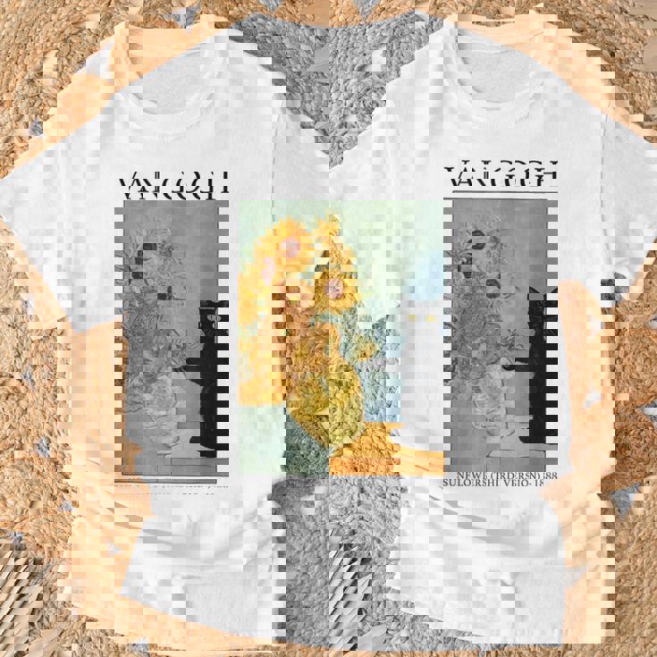 ひまわりと黒猫のヴィンテージアート 猫好き 猫飼い 猫 ネコ ねこくろねこ好き 面白い Tシャツ 高齢者への贈り物