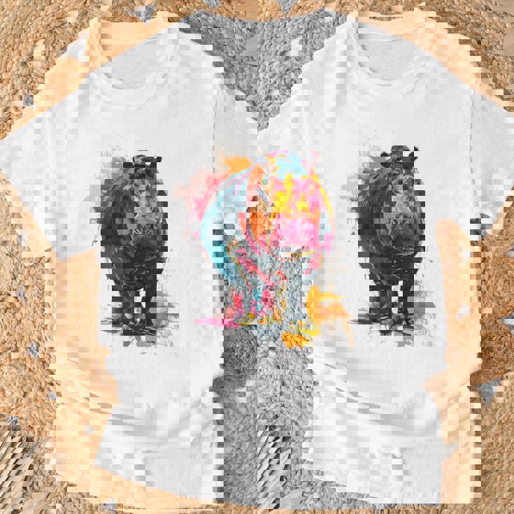 カバ 動物 カラフル グラフィック 抽象 アート 絵画 カバ Tシャツ 高齢者への贈り物