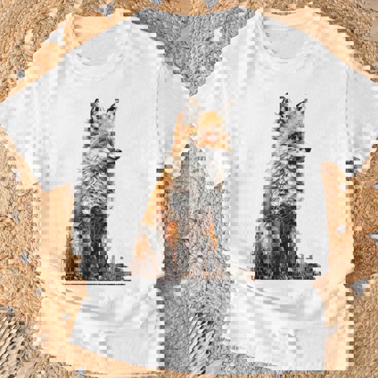 キツネ アニマル柄 モチーフ 抽象 イラスト 描画 狐 Tシャツ 高齢者への贈り物