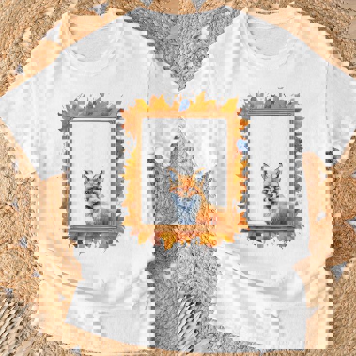 キツネ アニマル柄 モチーフ 紅葉 イラスト 自然 狐 Tシャツ 高齢者への贈り物