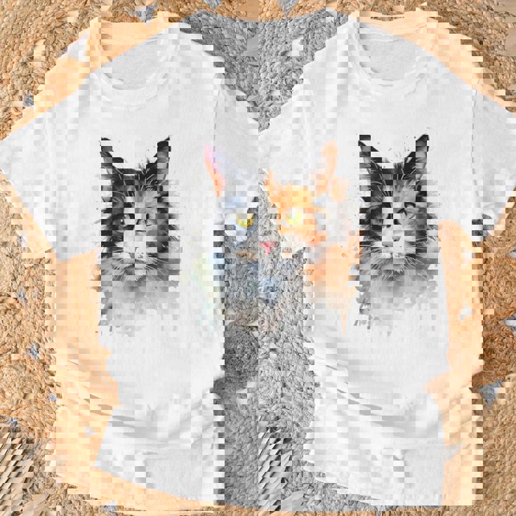 クールな水彩 三毛猫顔 三毛猫 お母さん 猫 お父さん Tシャツ 高齢者への贈り物