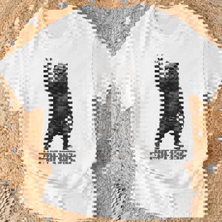 パパベア グリズリーベア ロックジェスチャー クールなパパ グリズリーベア Tシャツ 高齢者への贈り物