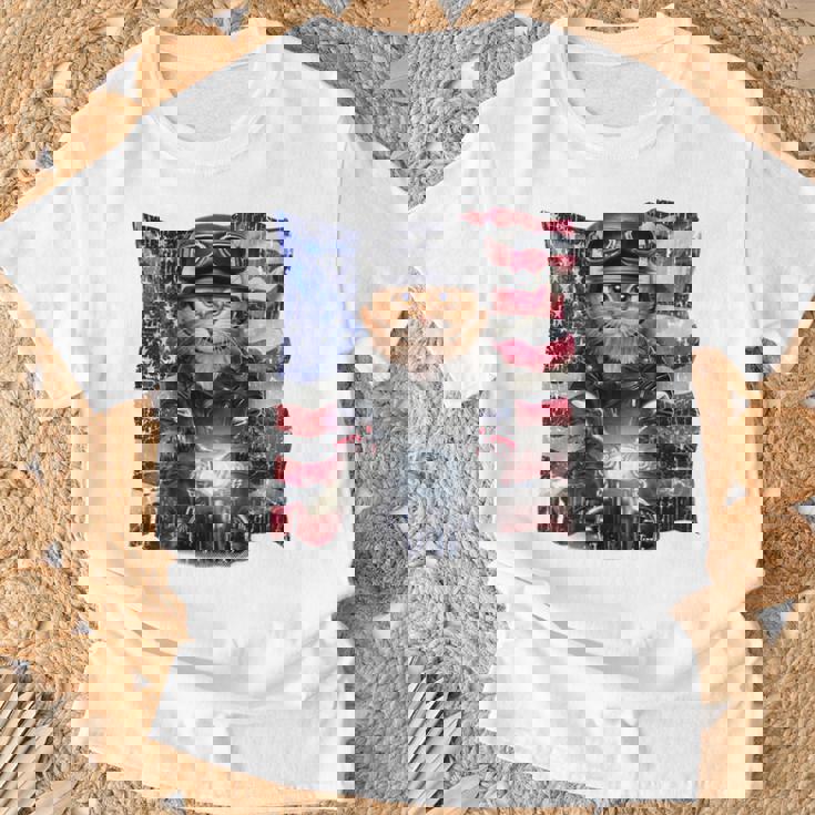 三毛猫 オレンジ猫 ねこ バイク 星条旗 アメリカ Tシャツ 高齢者への贈り物